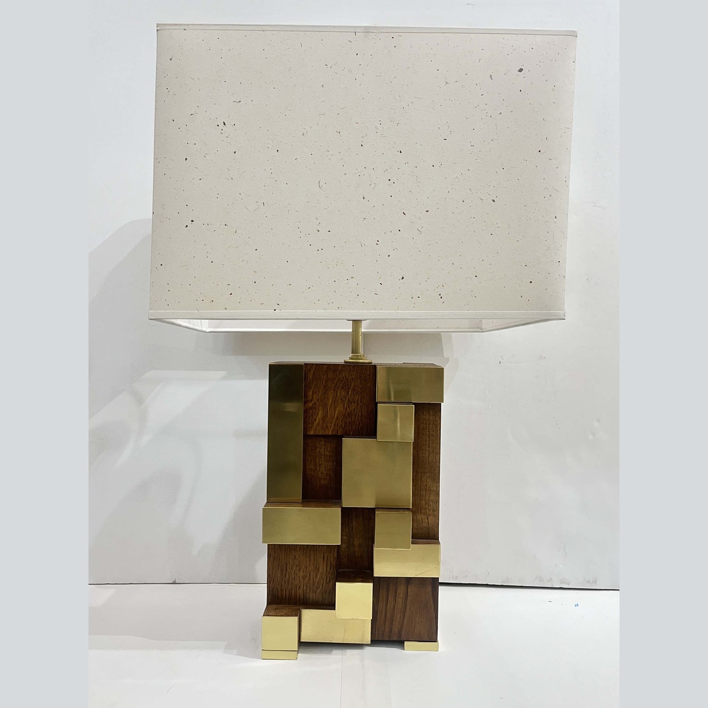 Contemporary Italian Architectural Pair Stepped Wood Brass Organic Urban Lamps