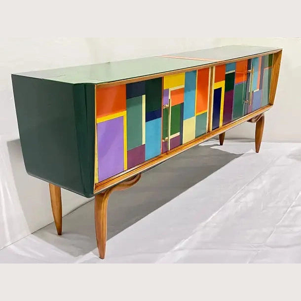 Italian Vintage Mondrian Style Green Orange Yellow Blue Glass 4-Door Sideboard