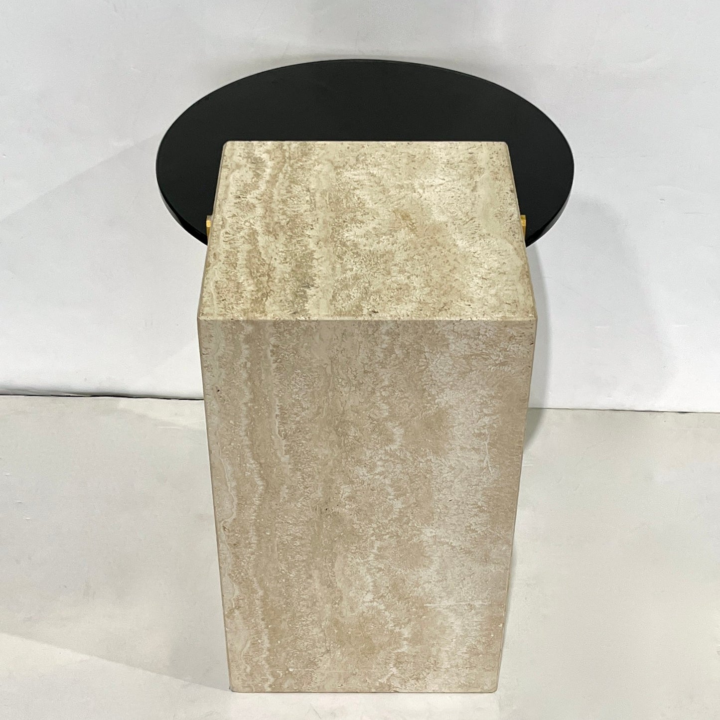Italian Modern Beige Travertine Black Glass Brass Geometric Organic Side Table