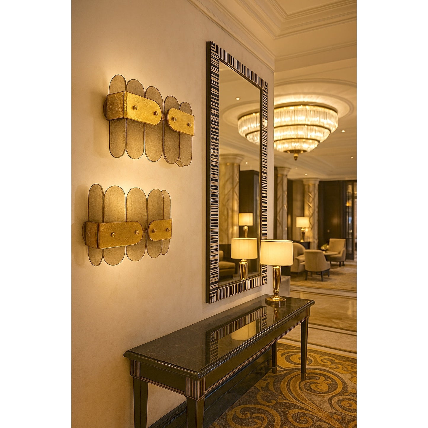 Post Modern Organic Italian Pair Geometric Beige Murano Glass Gold Leaf Sconces