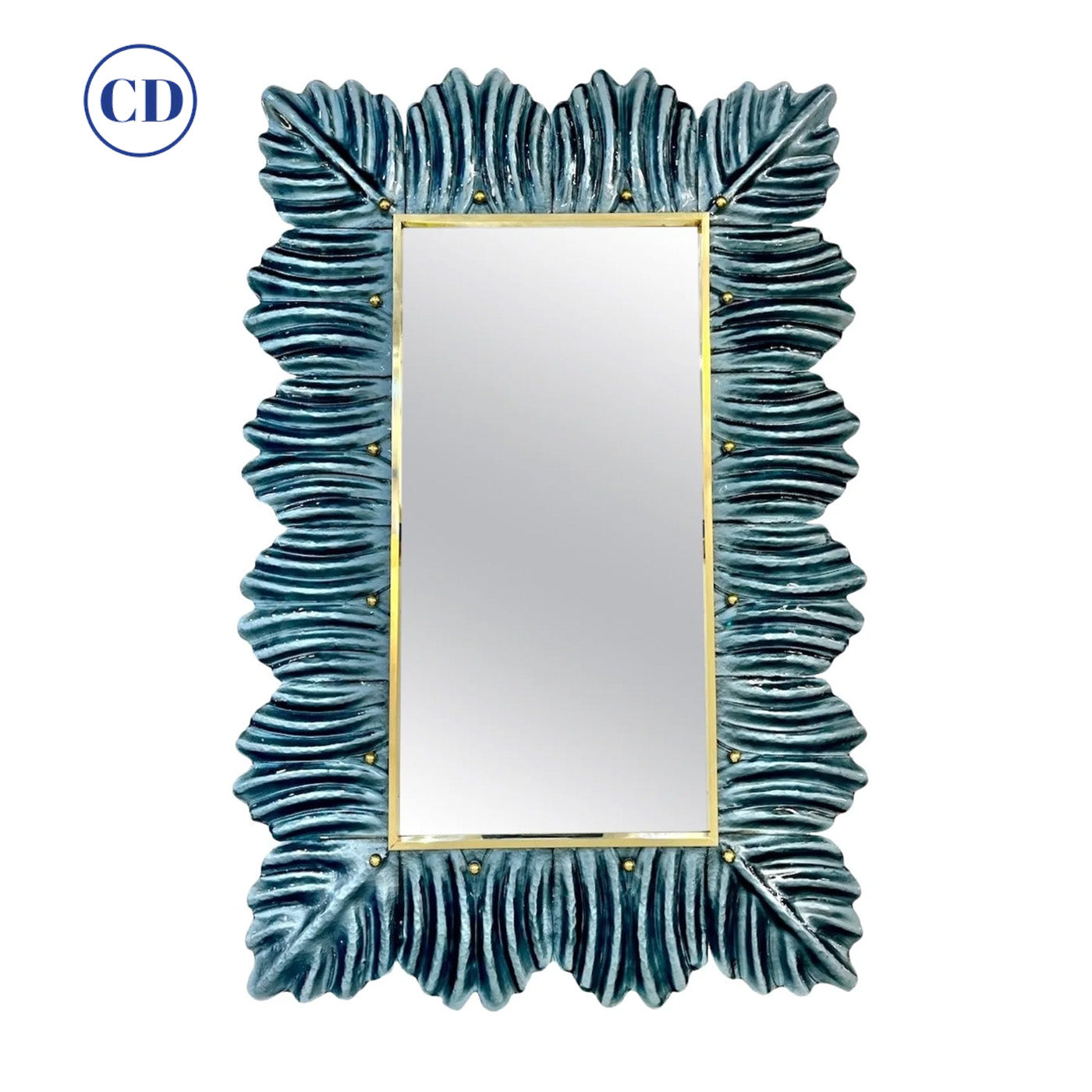 Bespoke Italian Modern Leaf Design Silver Teal Blue Murano Glass Brass Mirror
