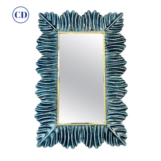 Bespoke Italian Modern Leaf Design Silver Teal Blue Murano Glass Brass Mirror