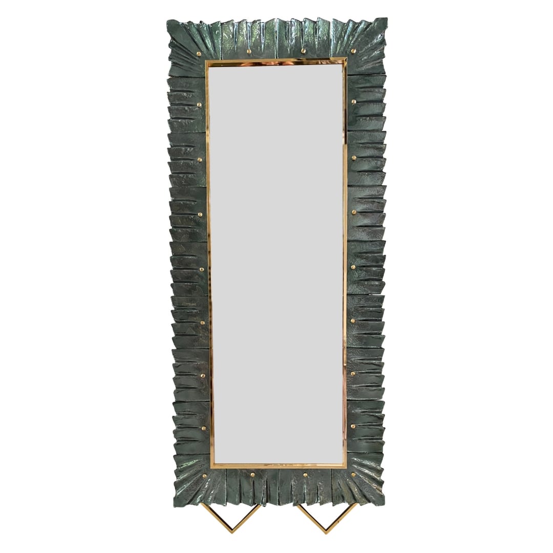 Bespoke Italian Art Deco Design Ruffled Silver Pink Murano Glass Brass Mirror