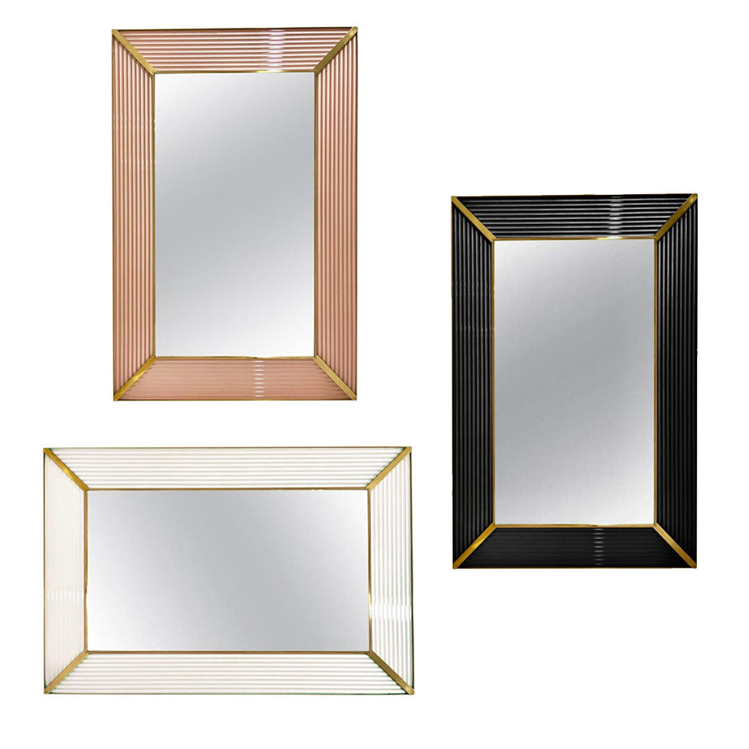 Bespoke Italian Art Deco Design Iridescent Pink Fluted Murano Glass Brass Mirror