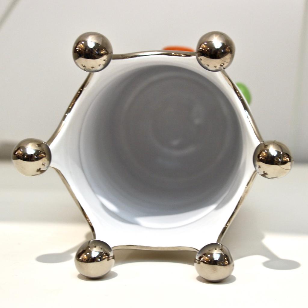 Italian Modern Silver Platinum White Majolica Crown Vase with Orange Green Dots