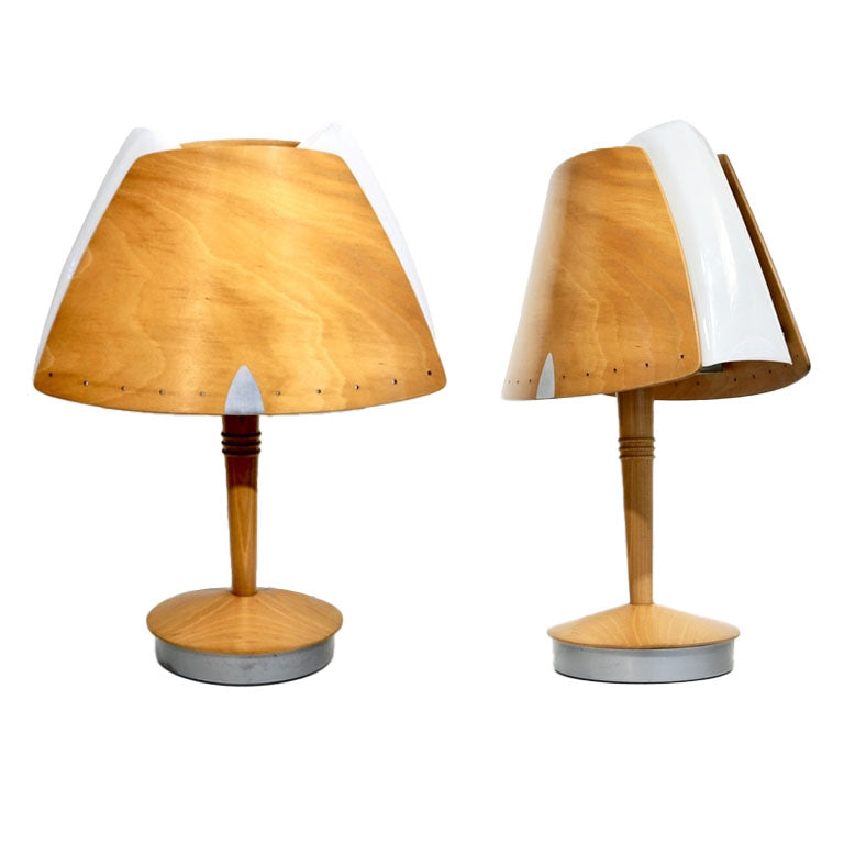 1970 French Pair of Birch Wood and Acrylic Table Lamp for Barcelona Hilton Hotel