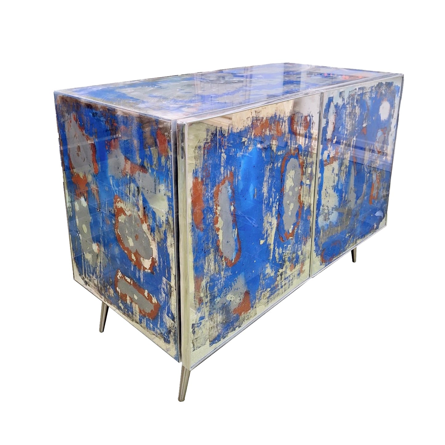 Italian Post Modern Abstract Art Blue Brown Satin Nickel Finish Mirror Cabinet