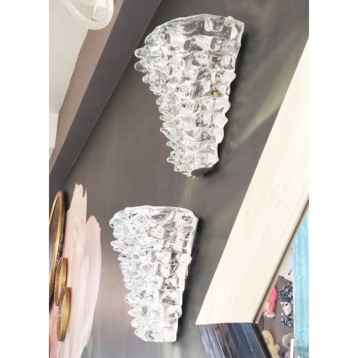 Italian Vintage Barovier Toso Crystal Textured Murano Glass Satin Silver Sconces