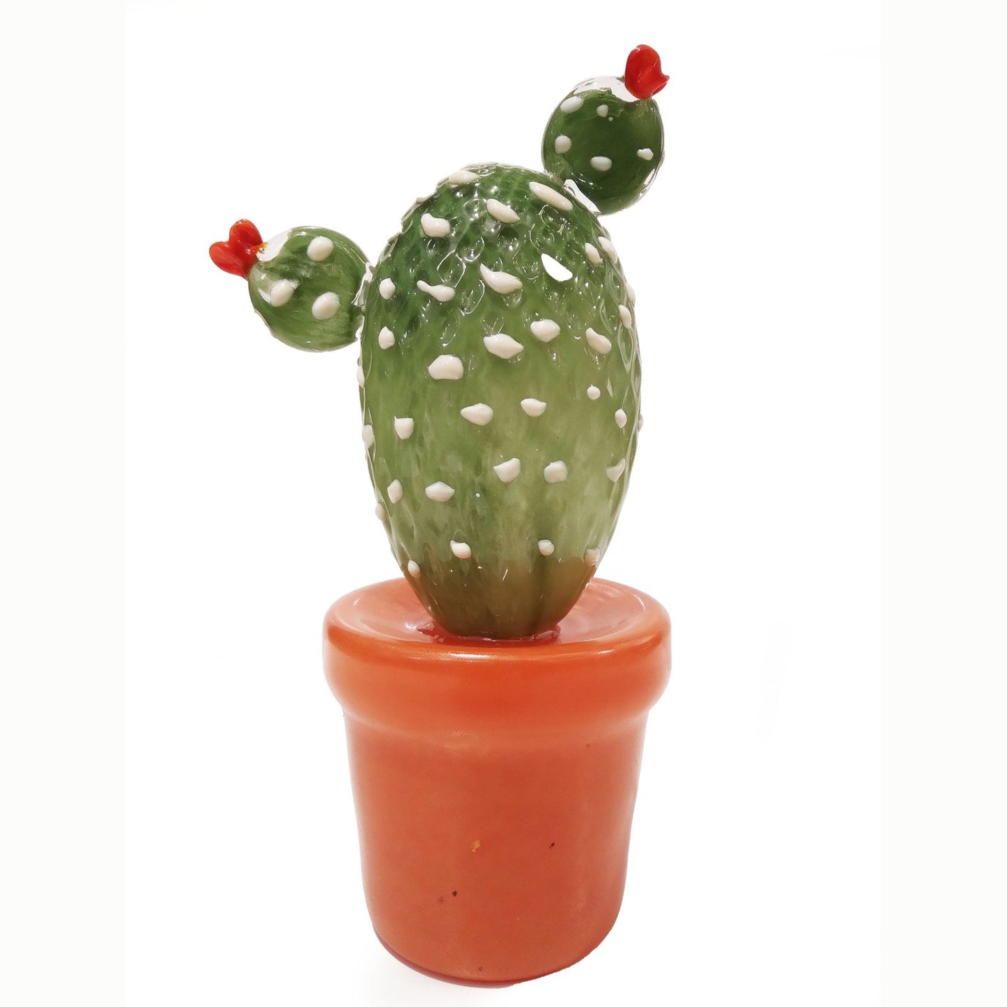 Modern Italian Green White Gold Orange Murano Glass Cactus Plant & Red Flowers