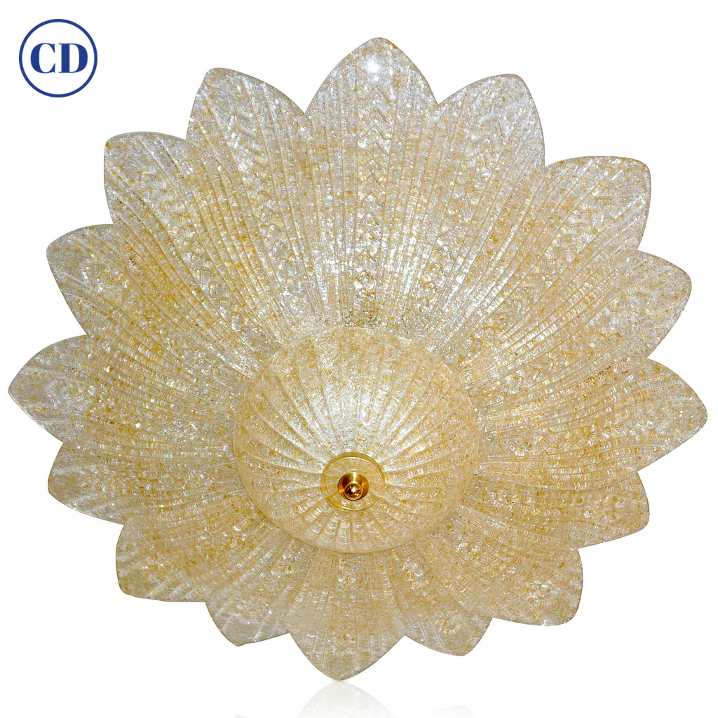 Barovier Toso Style Italian Gold Textured Murano Glass Flower Leaf FlushMount