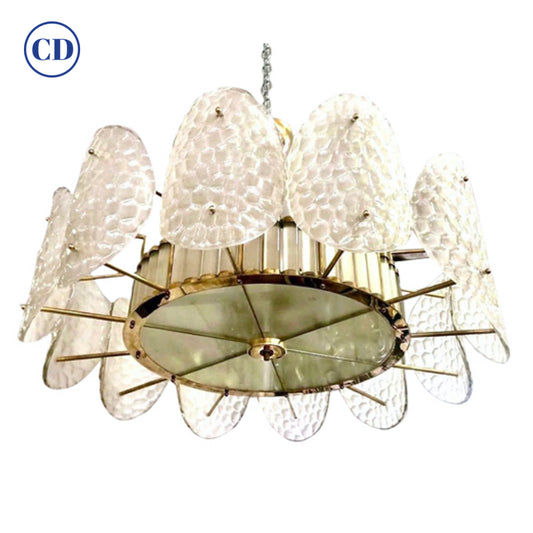 Bespoke Italian Crystal Frosted White Murano Glass Brass Chandelier / Flushmount