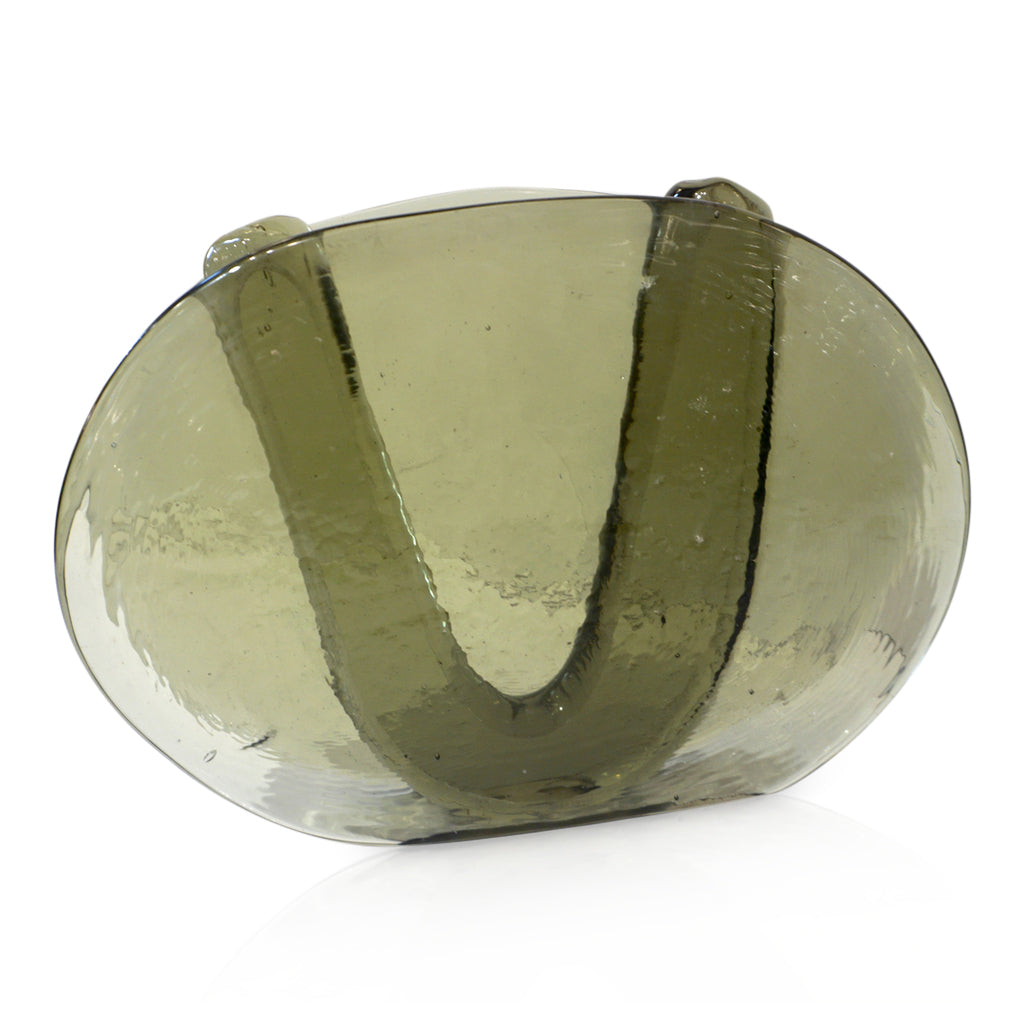 1970s Vintage Abstract Italian Smoked Green Murano Glass Oval Flower Vase