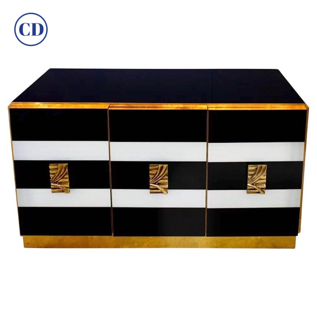 Bespoke Italian Art Design Brass Black White Stripe Glass Dresser Sideboard
