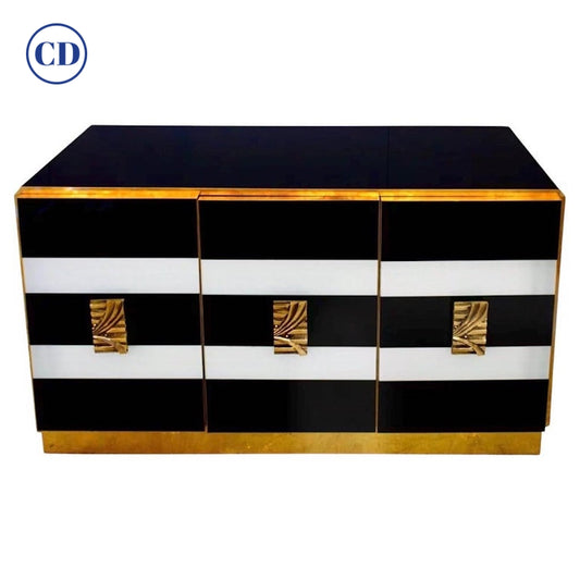Bespoke Italian Art Design Brass Black White Stripe Glass Dresser Sideboard
