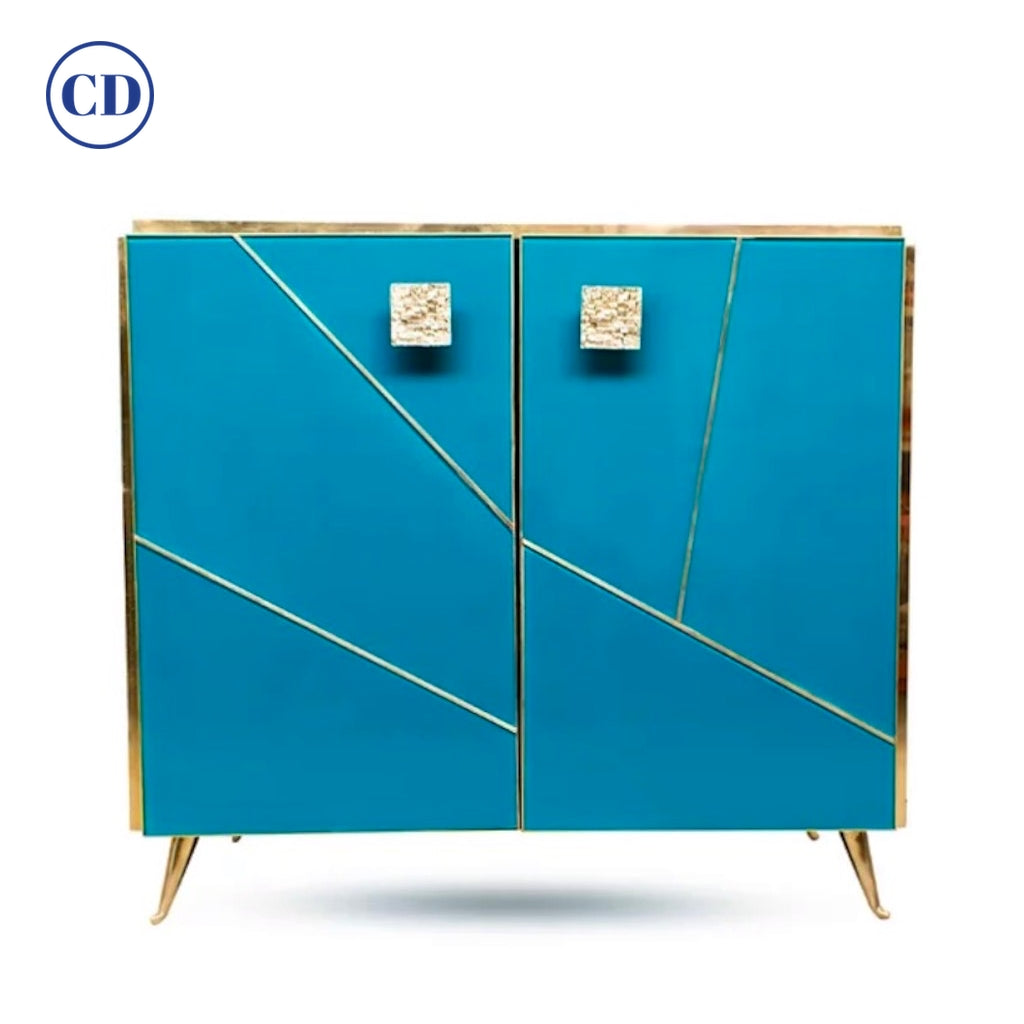 Bespoke Italian Abstract Branch Design 2-Door Turquoise Blue Glass Cabinet