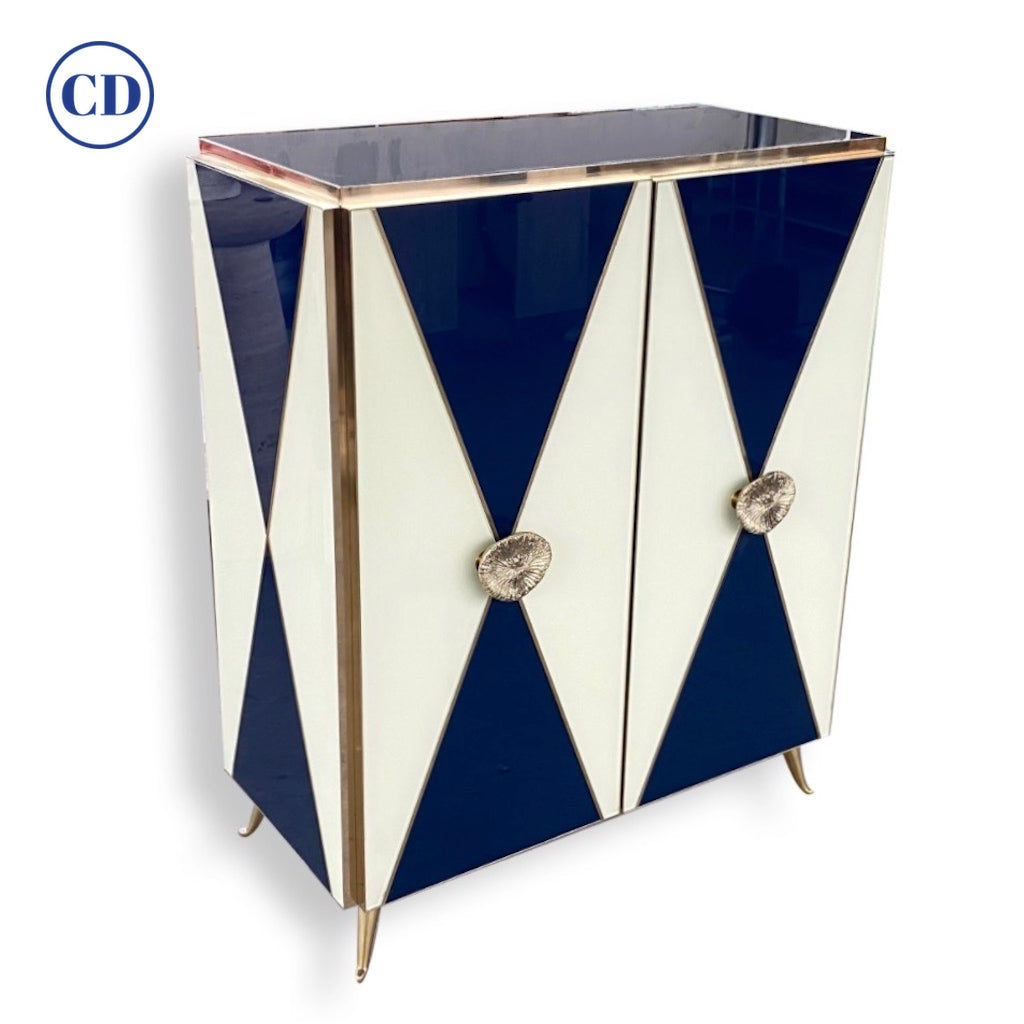 Bespoke Italian Art Design Brass White & Dark Blue Glass 2-Door Highboy Cabinet