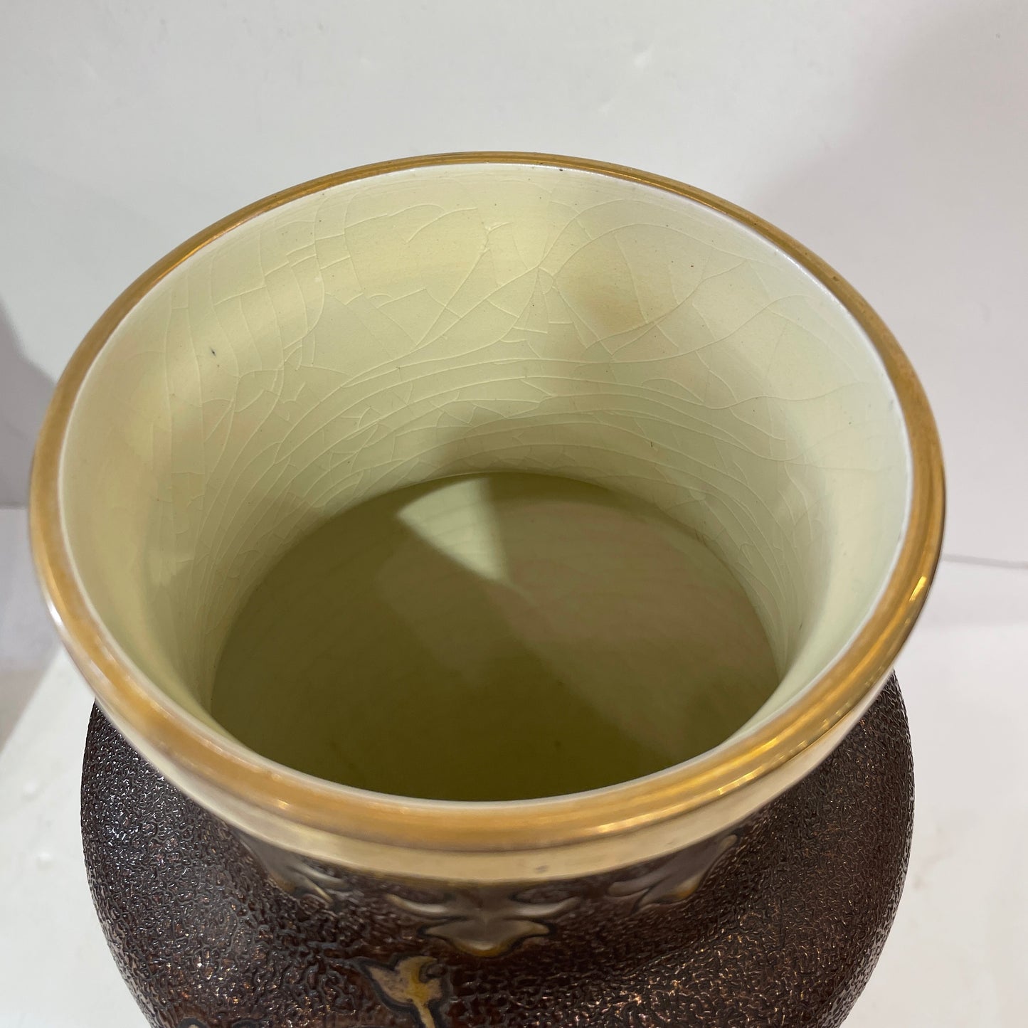 1880 Gien French Faience Pair Majolica Gold & Brown Vases with Armored Knights