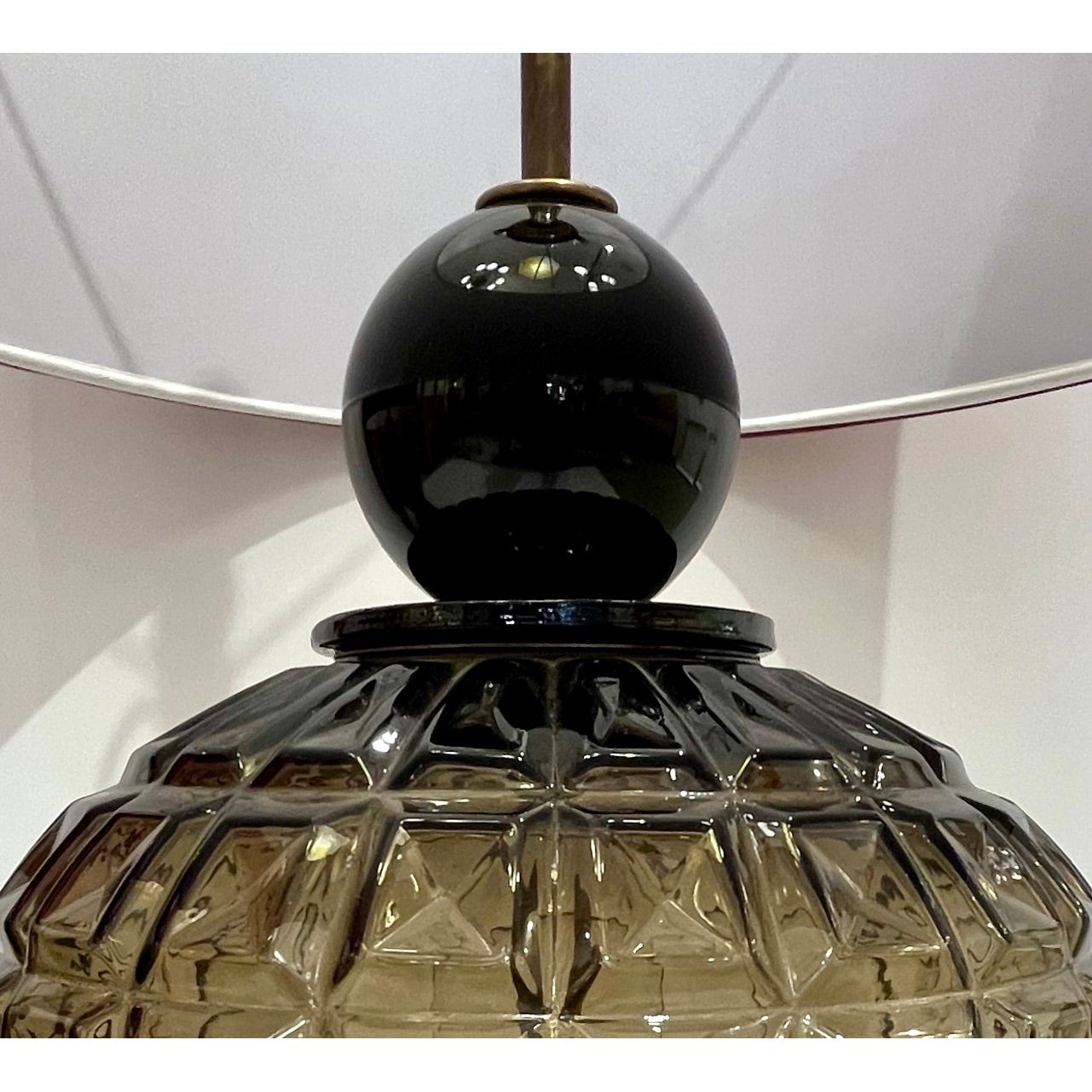 Vivarini 1970 Italian Vintage Pair of Black Smoked Murano Glass Plum Linen Lamps