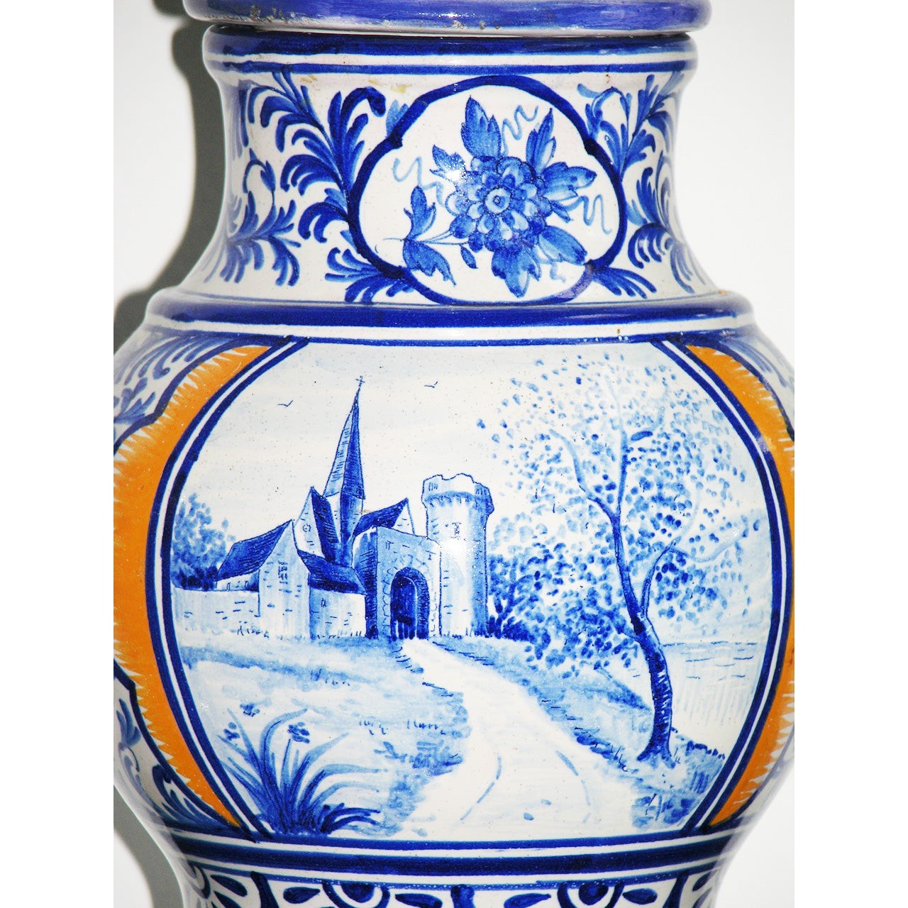 1920s Antique French Malicorne Faience blue white yellow centerpiece with cover