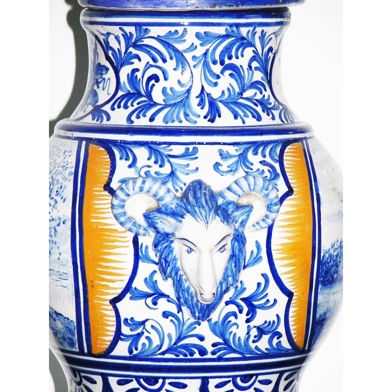 1920s Antique French Malicorne Faience blue white yellow centerpiece with cover