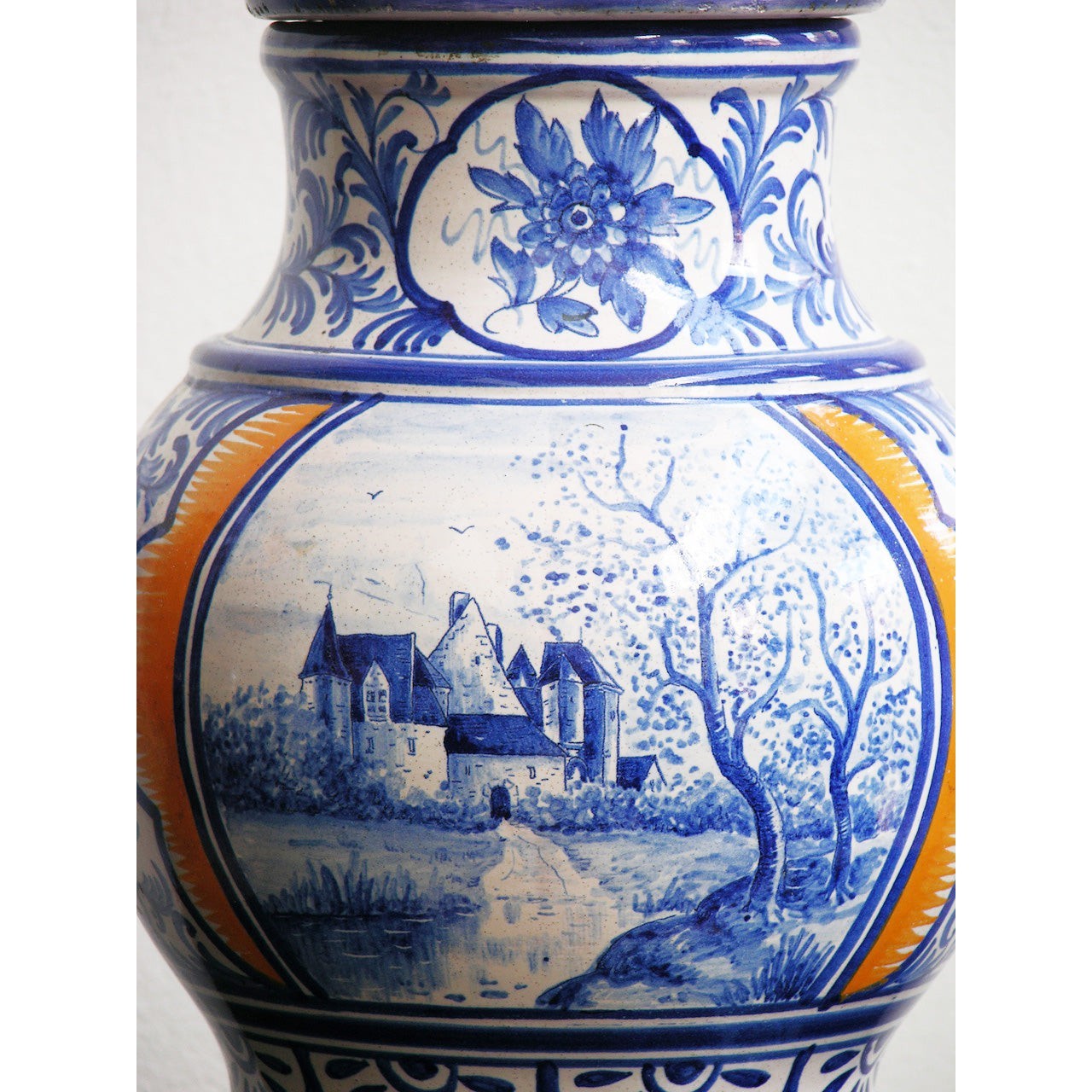 1920s Antique French Malicorne Faience blue white yellow centerpiece with cover