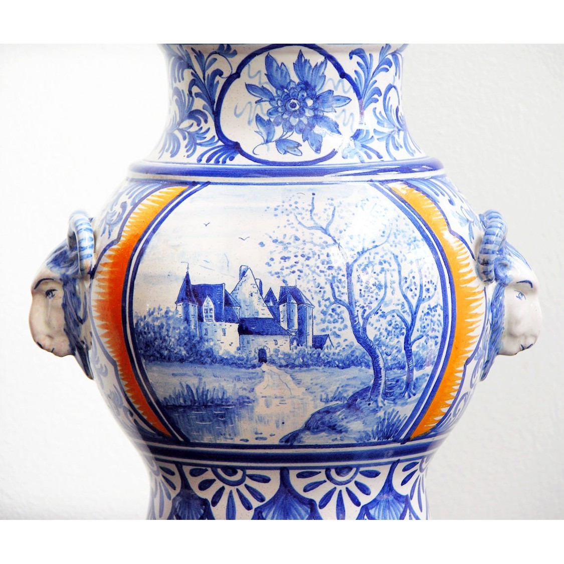 1920s Antique French Malicorne Faience blue white yellow centerpiece with cover