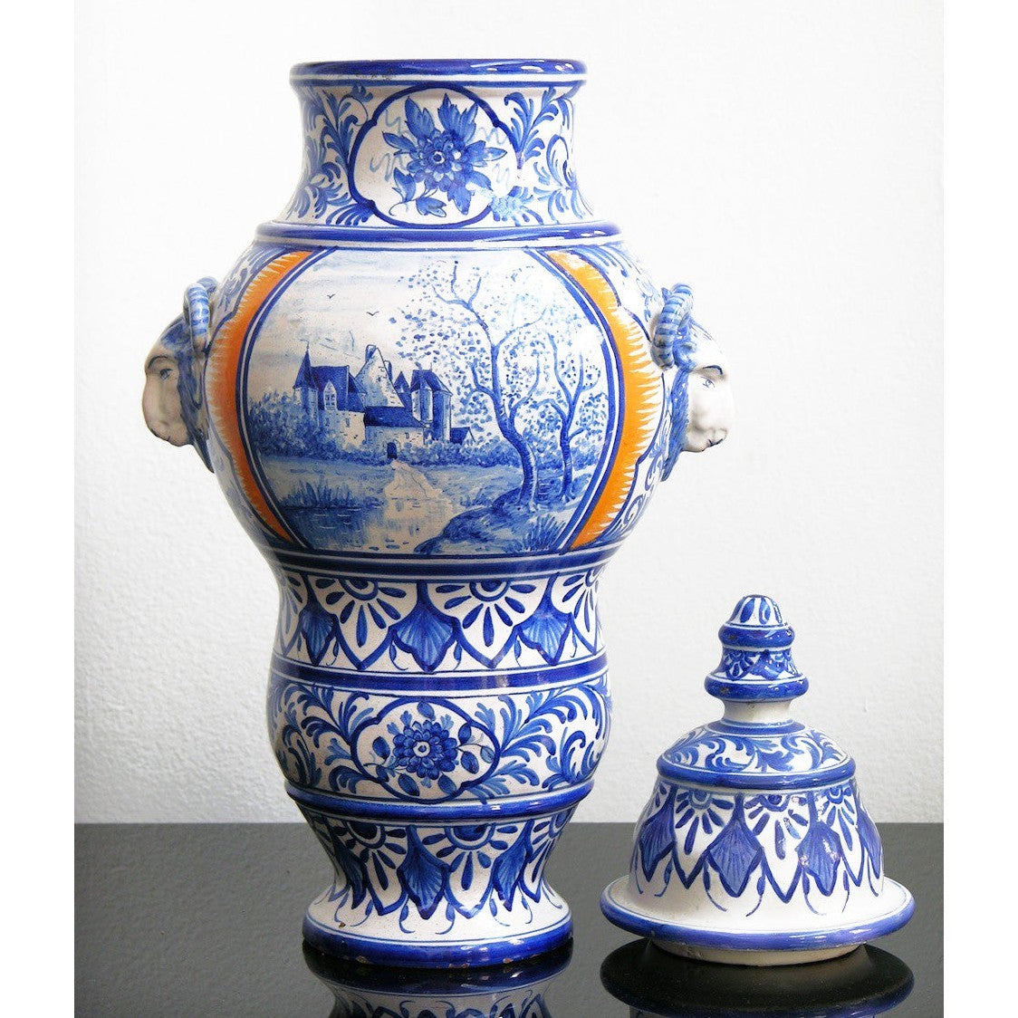 1920s Antique French Malicorne Faience blue white yellow centerpiece with cover