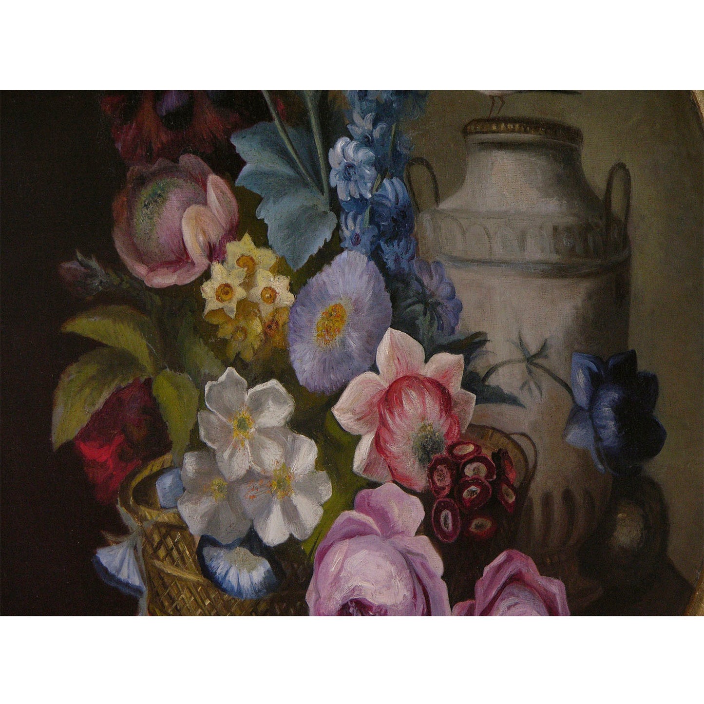 1880 French Provincial Pair of Round Still Life Oil Paintings in Gilt Frames