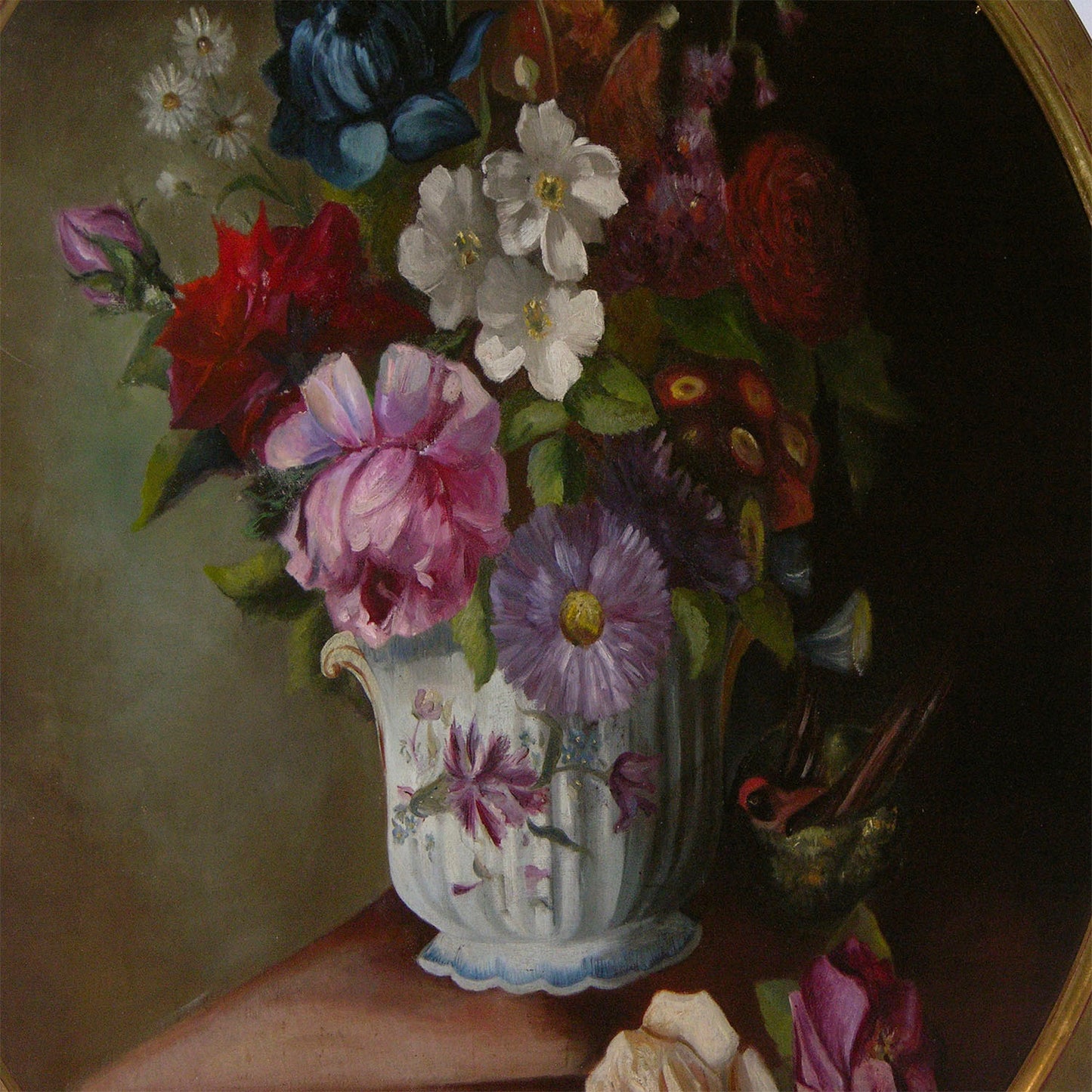 1880 French Provincial Pair of Round Still Life Oil Paintings in Gilt Frames