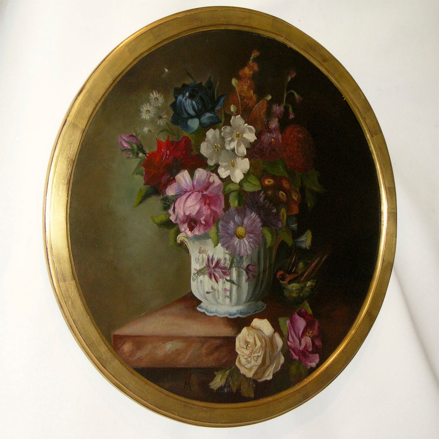 1880 French Provincial Pair of Round Still Life Oil Paintings in Gilt Frames