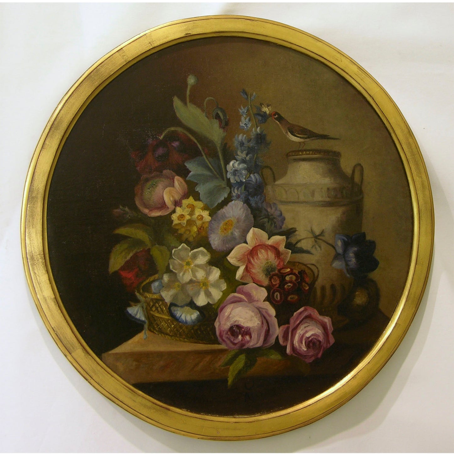 1880 French Provincial Pair of Round Still Life Oil Paintings in Gilt Frames