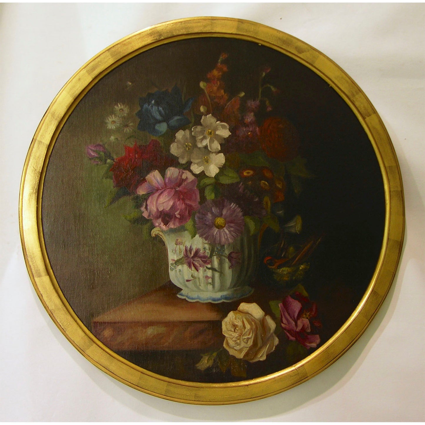 1880 French Provincial Pair of Round Still Life Oil Paintings in Gilt Frames