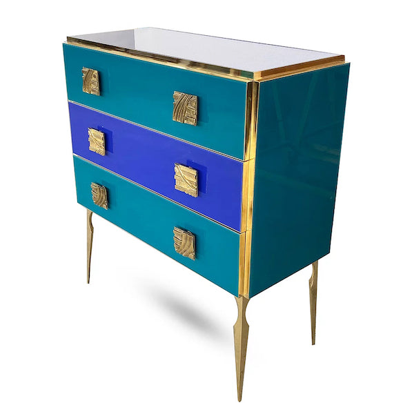 Modern Italian Custom Art Deco Style Royal Pink Glass Brass Edged Cabinet /Bar