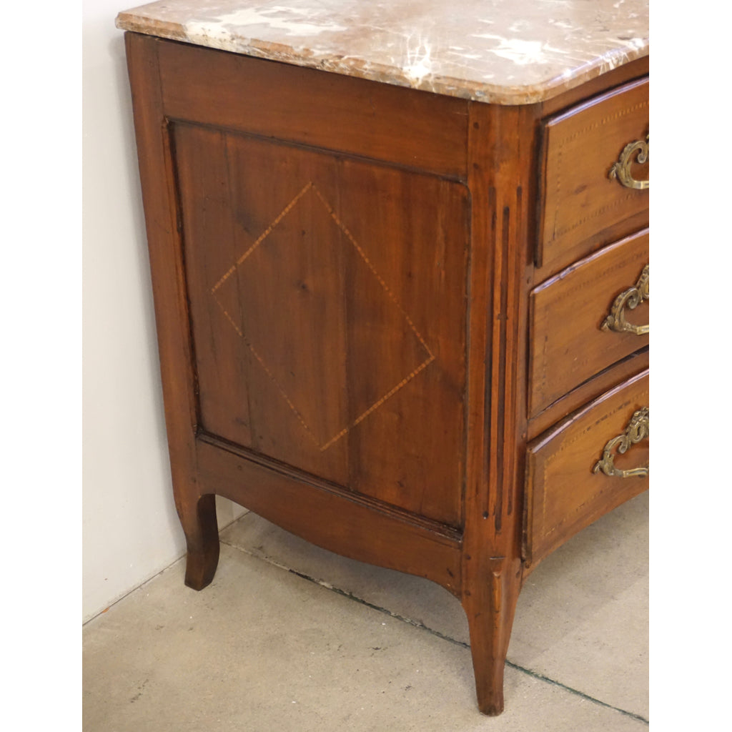 1770s Bow Front French Provincial Marquetry Commode in Solid Walnut & Marble Top
