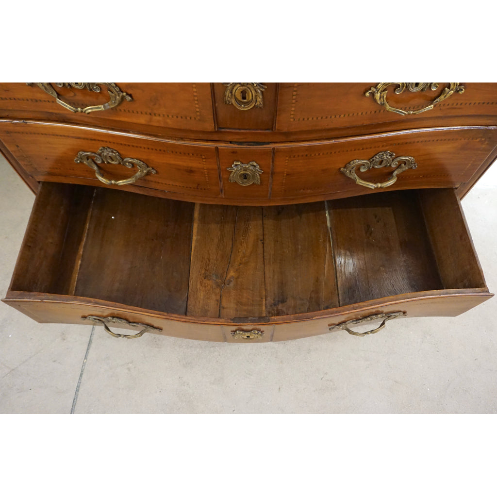 1770s Bow Front French Provincial Marquetry Commode in Solid Walnut & Marble Top