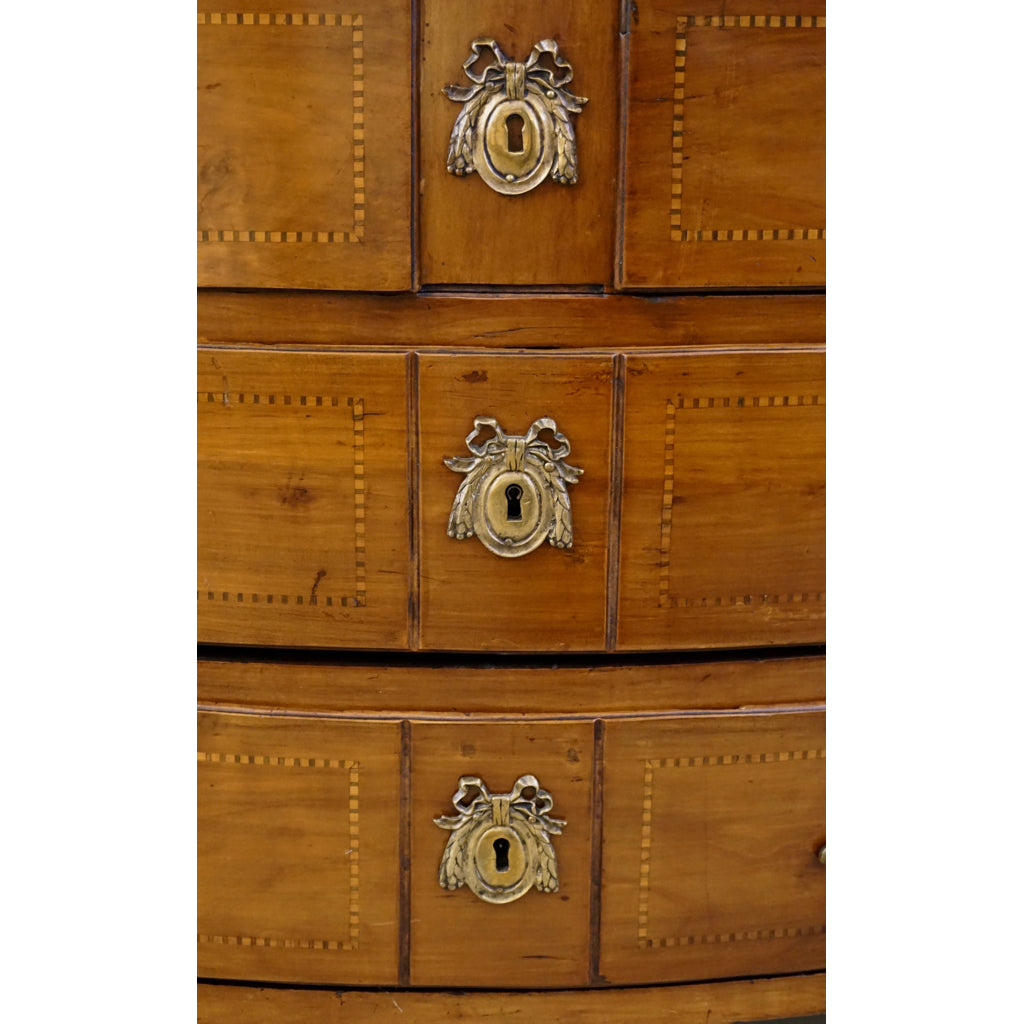 1770s Bow Front French Provincial Marquetry Commode in Solid Walnut & Marble Top