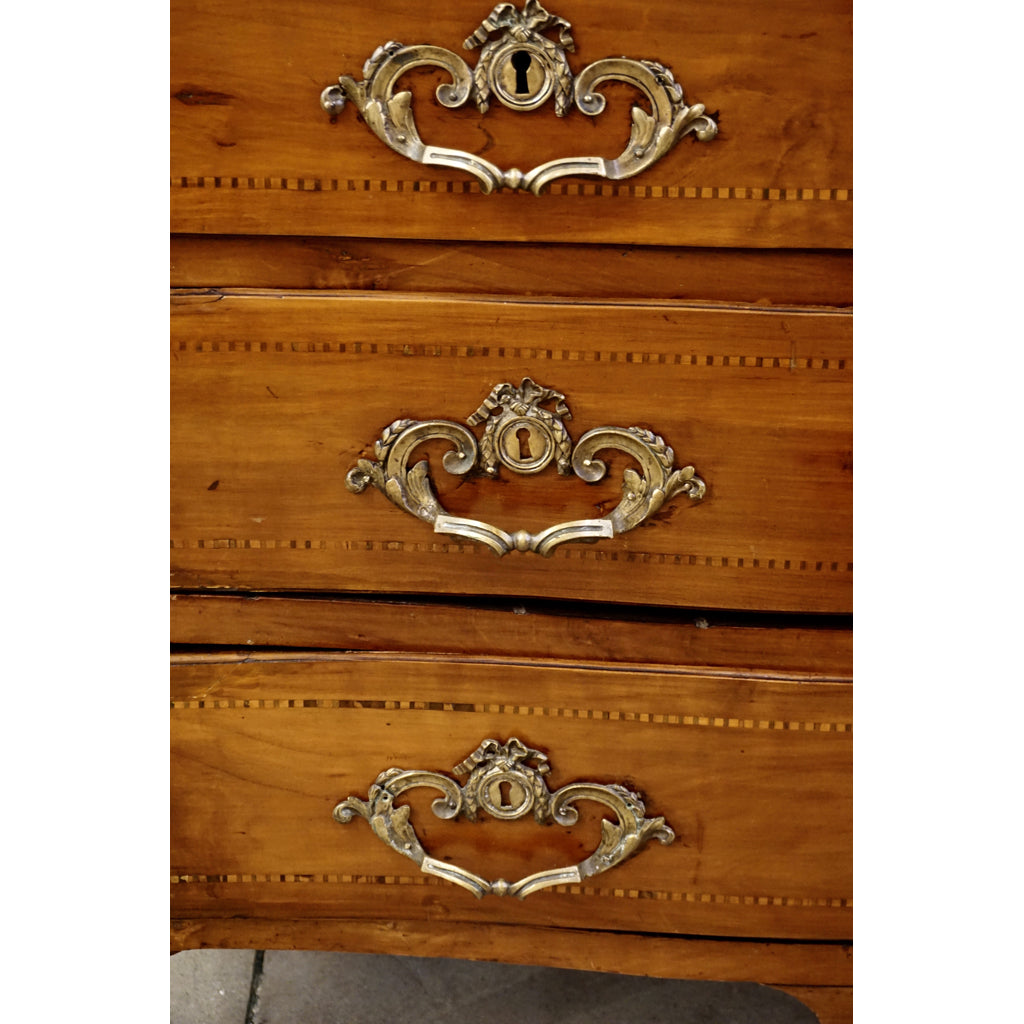 1770s Bow Front French Provincial Marquetry Commode in Solid Walnut & Marble Top