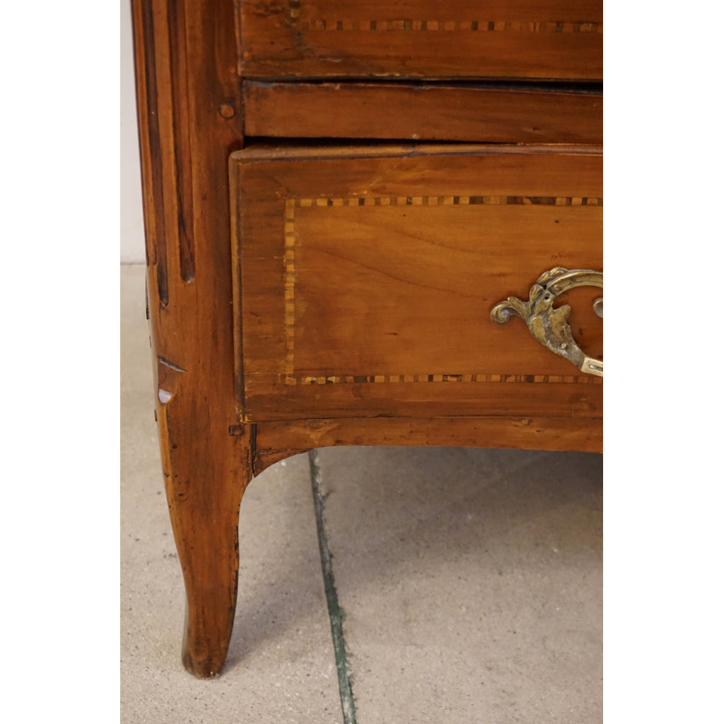 1770s Bow Front French Provincial Marquetry Commode in Solid Walnut & Marble Top