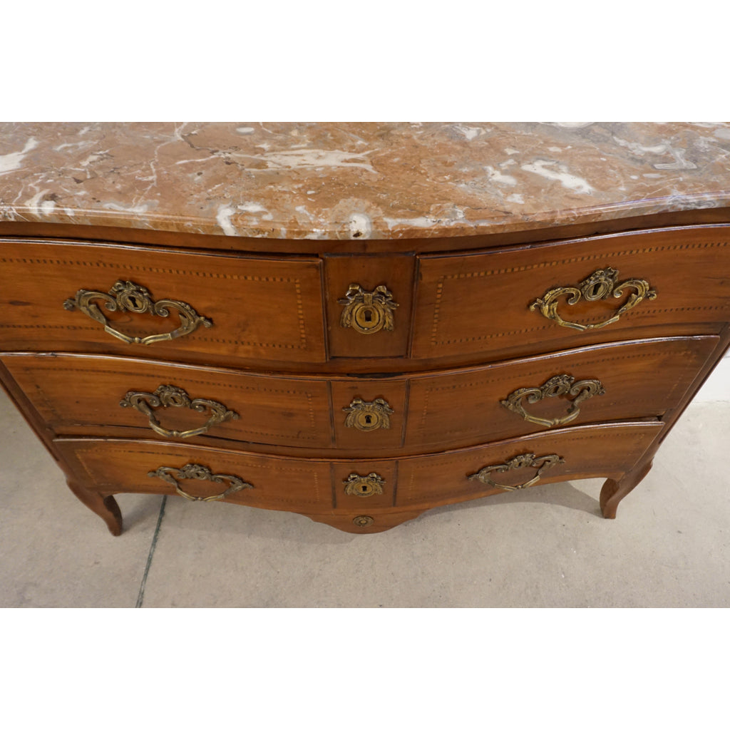 1770s Bow Front French Provincial Marquetry Commode in Solid Walnut & Marble Top