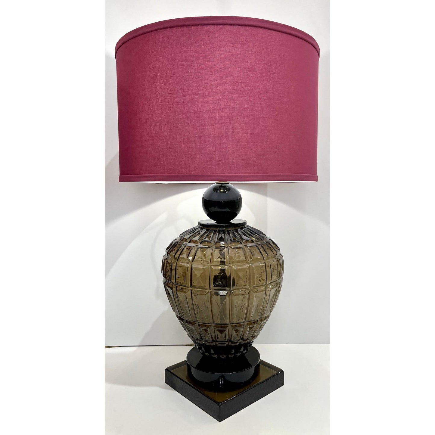 Vivarini 1970 Italian Vintage Pair of Black Smoked Murano Glass Plum Linen Lamps