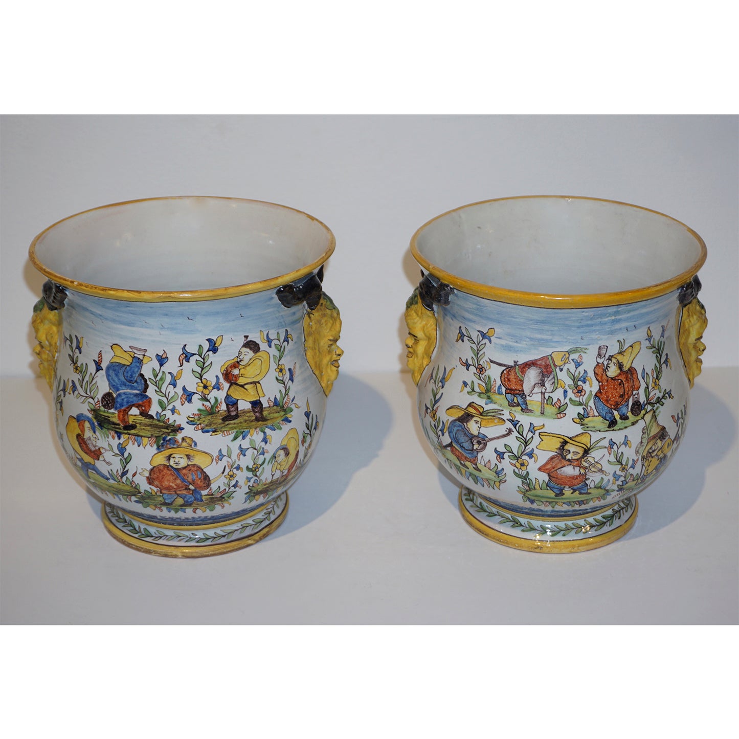 1870s French Pair of Yellow Blue Green Red White Majolica Jardinières / Vases