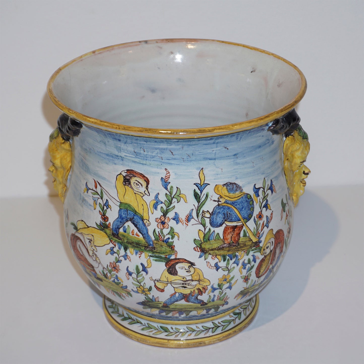 1870s French Pair of Yellow Blue Green Red White Majolica Jardinières / Vases