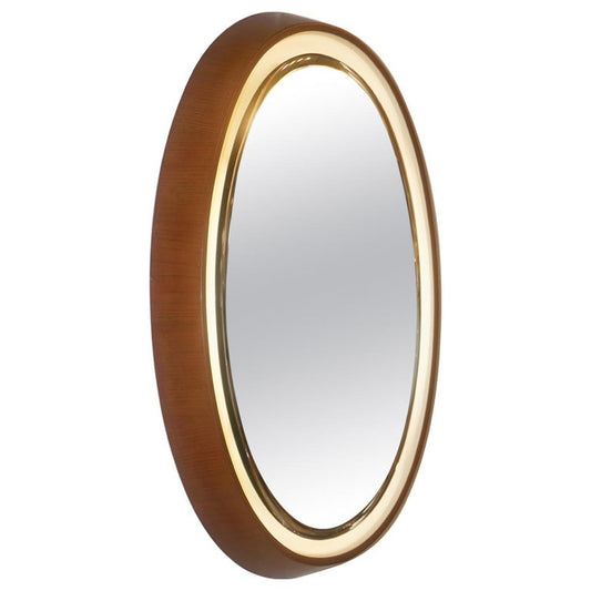 1970s Italian Vintage White Framed Cherry Wood Back Lit Oval Wall Mirror