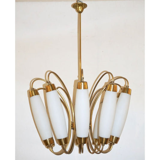 1950s Italian Vintage Stilnovo Style White Glass 10-light Brass Chandelier - Cosulich Interiors & Antiques