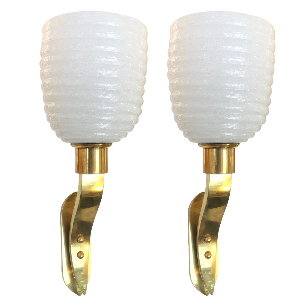 Set of 2 vintage Italian brass sconces with opaline glass