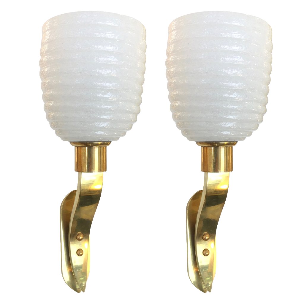 1960s Italian Pair of Art Deco Design Gold and White Murano Glass Sconces - Cosulich Interiors & Antiques