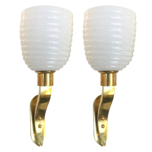1960s Italian Pair of Art Deco Design Gold and White Murano Glass Sconces - Cosulich Interiors & Antiques