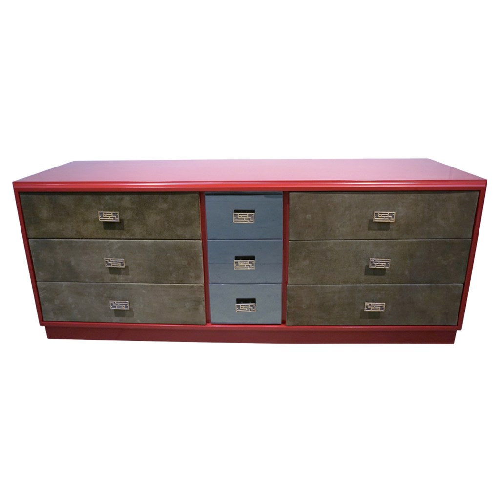 1970 Italian Green Leather Burgundy Lacquer Dresser with Mirror & Bronze Accents - Cosulich Interiors & Antiques