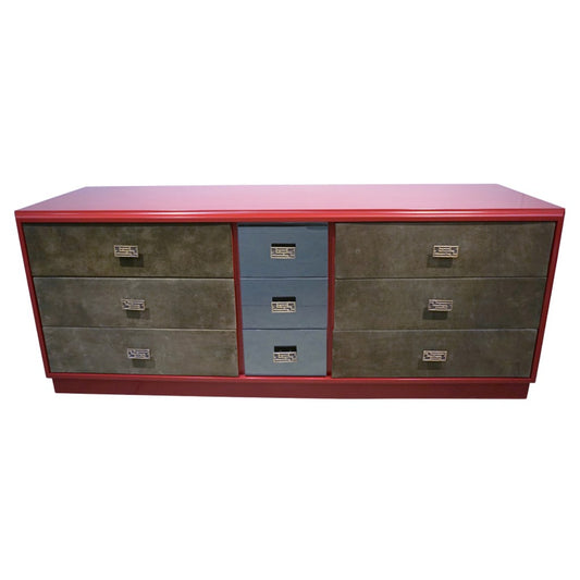 1970 Italian Green Leather Burgundy Lacquer Dresser with Mirror & Bronze Accents - Cosulich Interiors & Antiques