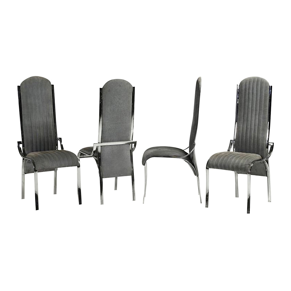 1970 Italian Vintage 4 Curved High Back Chrome Chairs in Blue Gray Stitch Fabric - Cosulich Interiors & Antiques